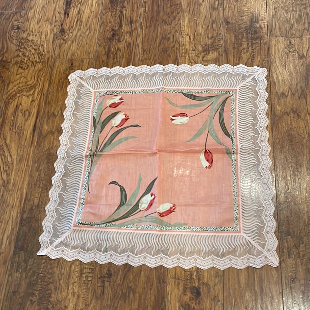Junko Koshino Japanese Lace Trim Vintage Pink Tulip Flower Neck Head Scarf